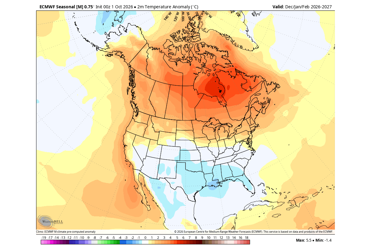 ECMWF winter 2026/2027 temperature anomaly forecast for the United States and Canada, mild north and cooler south