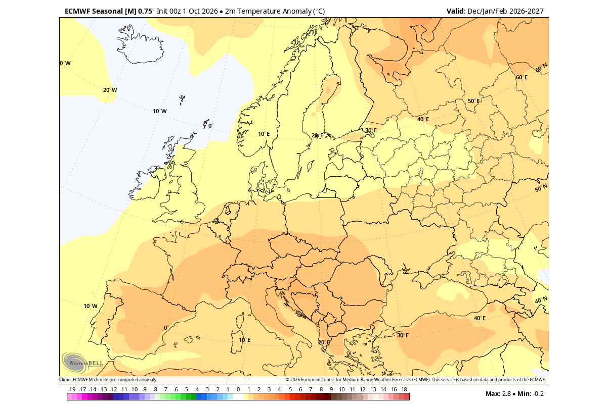 ECMWF winter 2026/2027 temperature anomaly forecast for Europe, showing a mostly mild season across the continent
